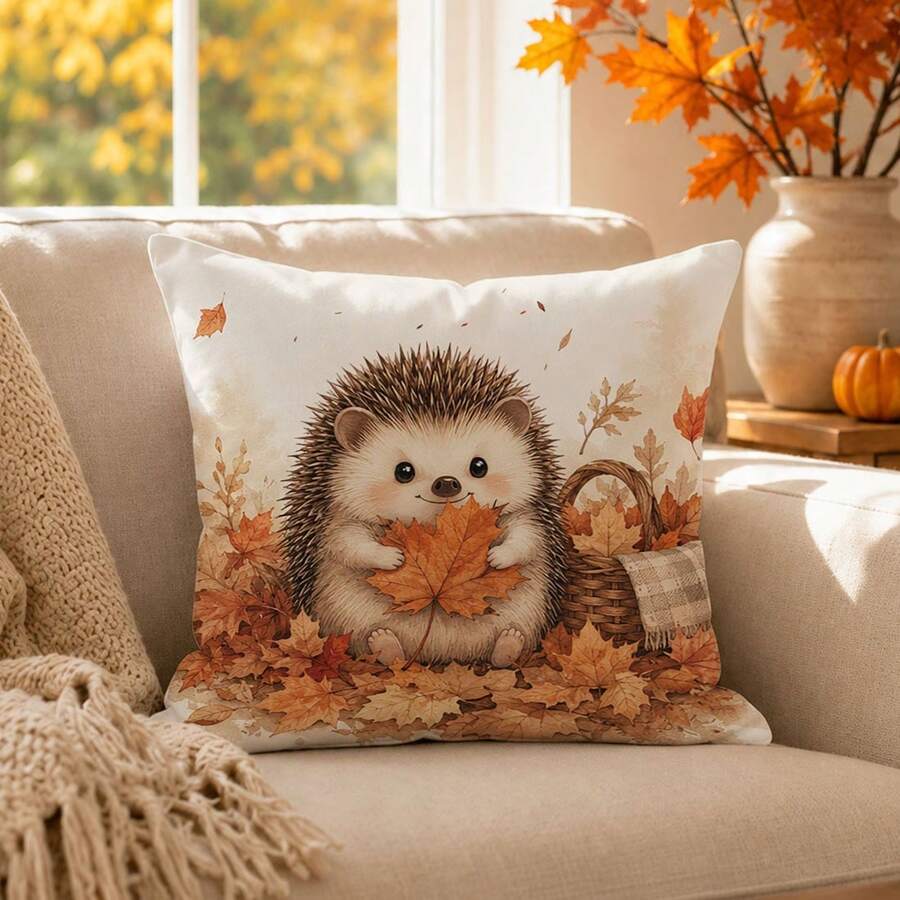 1pc Cute Hedgehog & Maple Leaf Cushion Cover, Single-Sided Printed Skin-Friendly Peach Skin Velvet Material, 45*45CM/18*18inch Pillowcase For Room Decor, Modern Fabric Sofa Indoor Decoration, Party Decor, Gift Giving - Multicolor - View 1