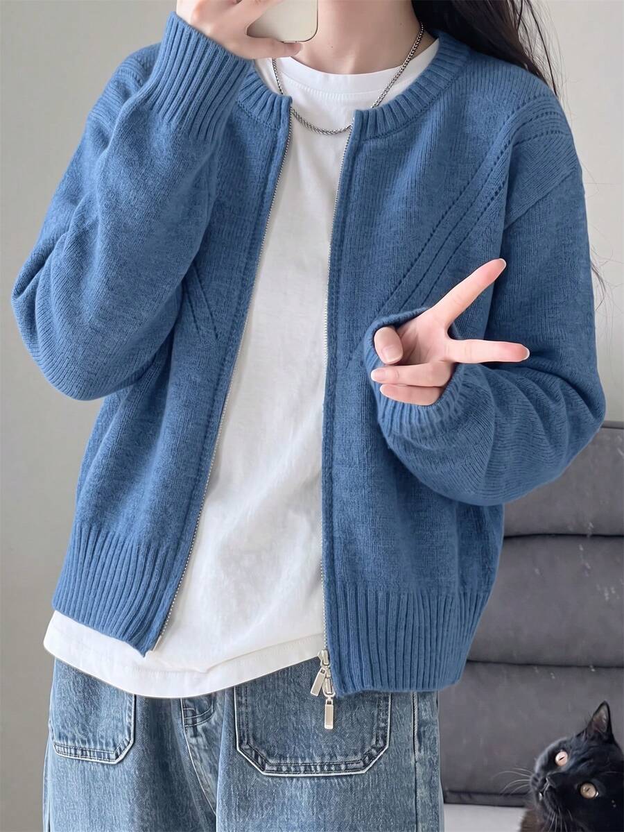 休闲修身圆领双拉链女针织开衫短款外套,秋冬 - 藏蓝色 - 查看 1