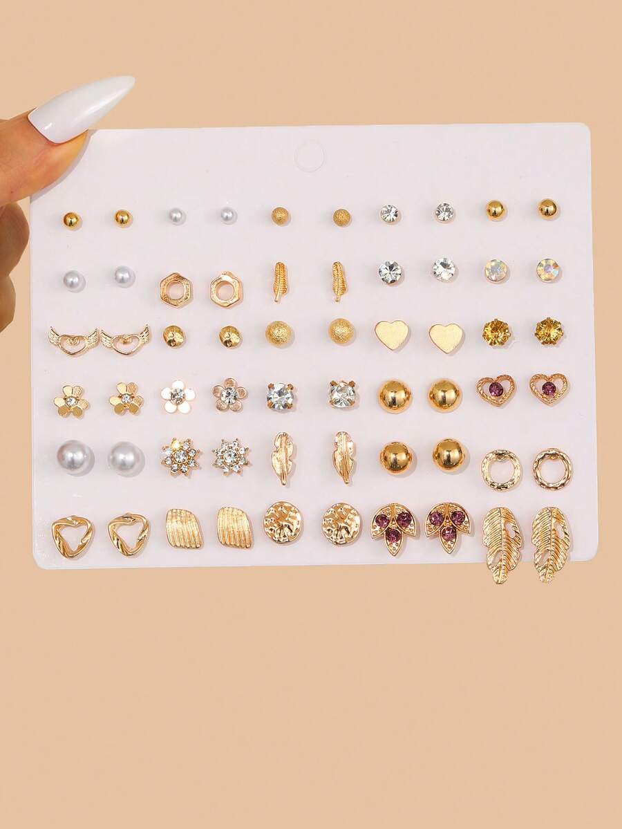 NAIZHU 30對時尚金屬愛心花卉葉片耳環套組,適合女性日常配戴、約會、派對配件禮物 - 金色 - 查看 1