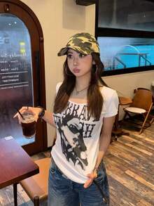 性感美国女孩图案印花宽松不对称领短袖T恤，修身休闲女式上衣 白色夏季 - 白色 - 查看 2