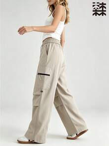 mulinsen Celana Kargo Wanita dengan Tali Serut di Pinggang, Celana Panjang Kasual Longgar Gaya Streetwear Fungsional - Khaki - View 4