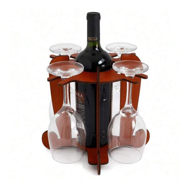 Adega de Vinho Marrom MDF 4 mm com Porta-Taça para 4 Taças Decoração de Bancada Mesa Jantar e Festa