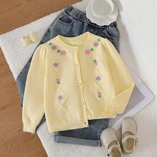Girls' Autumn/Winter Fashion Floral Cardigan Sweater - Yellow - View 1