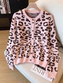 Women's Leopard Print Cardigan Sweater With Button Front, Loose Long Sleeve Knit Top Suitable For Autumn/Winter Outings, Weekends And Holidays - Pink - View 8