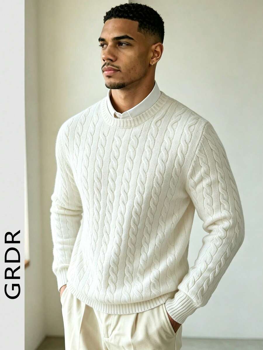 GRDR Men's Twisted Floral Pattern Crew Neck Long Sleeve Sweater - White - View 1