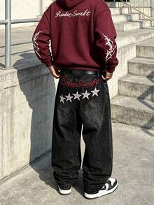 Y2K Hip Hop Style Men's Washed Black Wide Leg Jeans, Decorative Faux Back Pockets With Star Embroidery, Street Casual Long Pants - Black - View 1