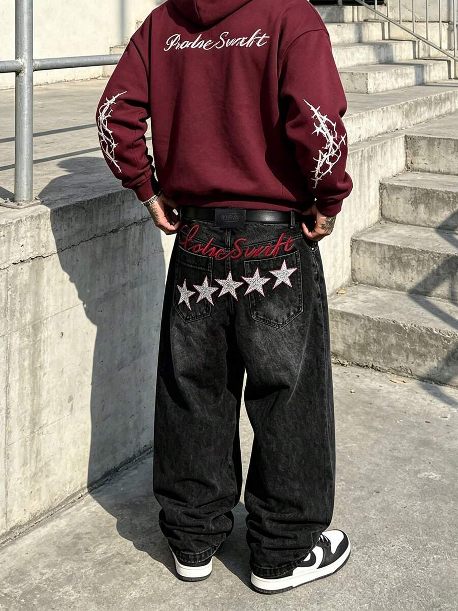 Y2K Hip Hop Style Men's Washed Black Wide Leg Jeans, Decorative Faux Back Pockets With Star Embroidery, Street Casual Long Pants - Black - View 1