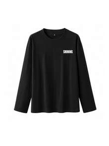 Loose Crew Neck Long Sleeve T-Shirt For Women, Minimalist Letter Print, Y2K Base Layer Top, Autumn - Black - View 7