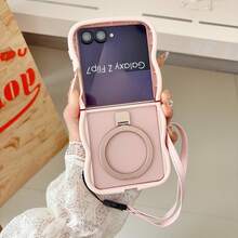 2pcs Cute Wavy Edge Matte Magnetic Phone Case Compatible With Samsung Galaxy Z Flip 8 Flip 6 Flip 5 Flip 4 , Rotatable Metal Ring Kickstand With Matching Hand Strap Shockproof Foldable Wireless Charging Protective Cover - Pink - View 6