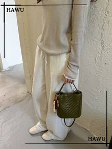 Mini‑Woven Handbag For Women, Compact Top‑Handle Purse With Beaded Pendant, Faux‑Leather Texture, Vintage Casual Hand‑Held Bag For Daily Street‑Wear - Dark Green - View 2