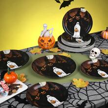 20/30/50-Piece Set Of 7/9 Inch Halloween Disposable Paper Plates, Moon Night Ghost Pumpkin Forest Print, Haunted Tree Bat Design, Vintage Halloween Party Tableware, Party Decor, Dinner Table, Home Gathering - Multicolor - View 3