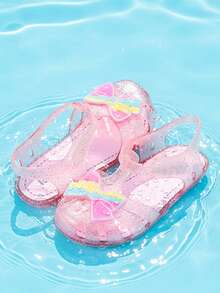 New Girls Sequin Jelly Sandals With Rainbow Bow Decor, Cute Transparent Summer Shoes For Kids, Lightweight Slip-On Beach Flats - Pink - View 2
