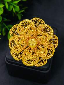 1pc Fashion Women's Gold Flower Ring, Index Finger Ring, European & Middle Eastern Dubai African Bride Wedding Party Dress Accessory, Bohemian Style, Adjustable Size Hand Jewelry - Yellow Gold - View 1