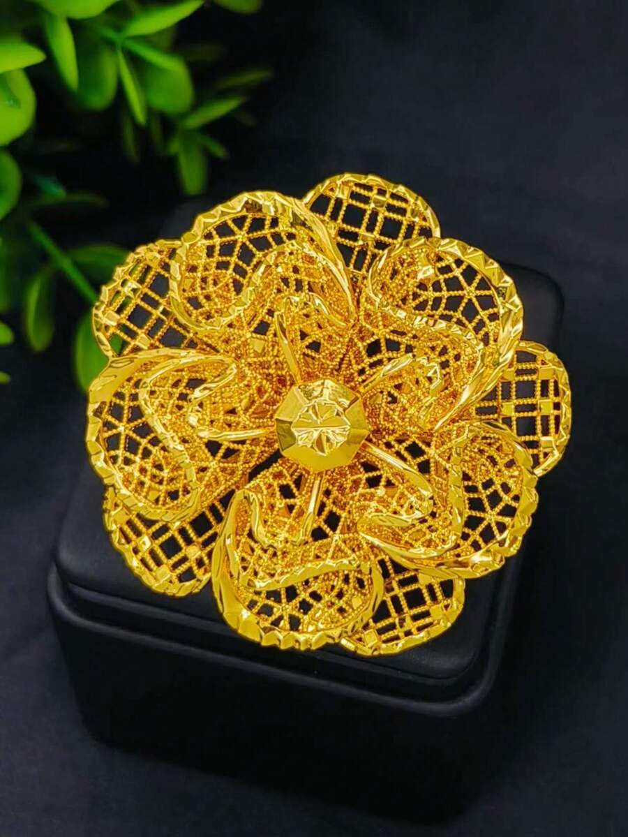 1pc Fashion Women's Gold Flower Ring, Index Finger Ring, European & Middle Eastern Dubai African Bride Wedding Party Dress Accessory, Bohemian Style, Adjustable Size Hand Jewelry - Yellow Gold - View 1