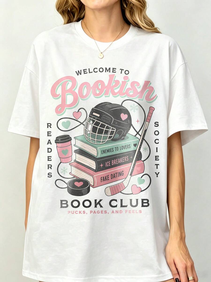 BookToks Bookishs Hockeys Romances Book Club Vintage Graphic T-Shirt, Enemies To Lovers Reader Unisex Tee Summer Autumn - 白色 - 查看 1