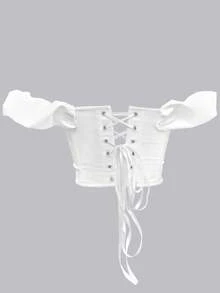 Apperloth A Elegant White Strapless Corset Top, Cold Shoulder Ruffle Trim, Lace-Up Back Design, Boning Structure, Summer Style - White - View 8