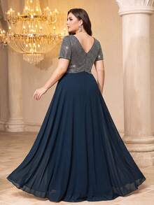 UNITHORSE Plus Size Women Elegant V-Neck Short Sleeve Sequin Patchwork Chiffon Cocktail Party Dress - Navy Blue - View 2
