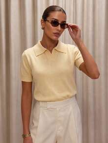 FOR BEAUTY 女款夏季優雅黃色針織 Polo 上衣，短袖柔軟針織套頭衫，休閒通勤日常度假輕量毛衣 - 黃色 - 查看 5