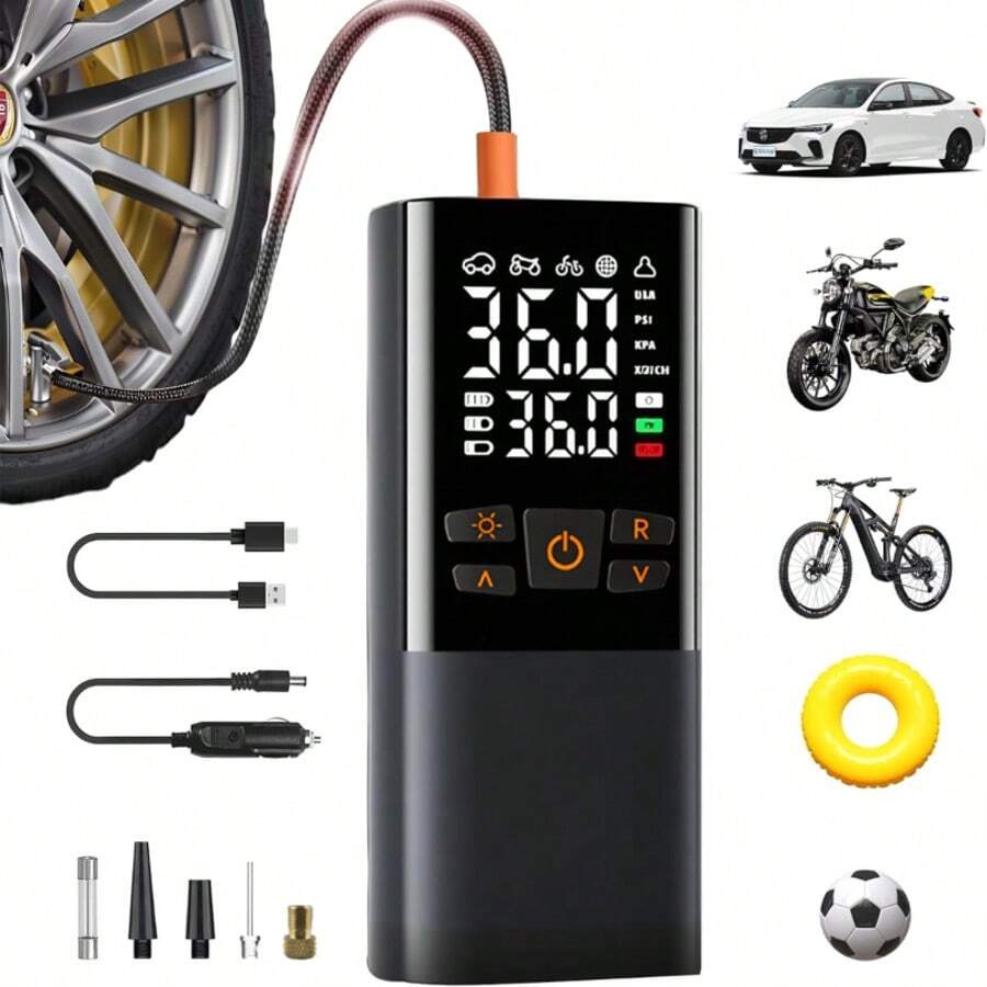 無線充氣幫浦 附 LCD 螢幕,150PSI 快速充氣,USB 充電,內建 LED 燈,自動關機,多種氣嘴適用於汽車、機車、自行車輪胎、運動球類與氣球,便攜式汽車必備,1500mAh 7.4V - A - 查看 1