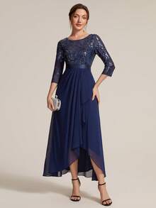 EVERPRETTY Elegant Women's Navy Blue Sequin Midi Dress, Asymmetric Ruffle Hem And Three-Quarter Sleeves, Noble Formal Gown - Navy Blue - View 3