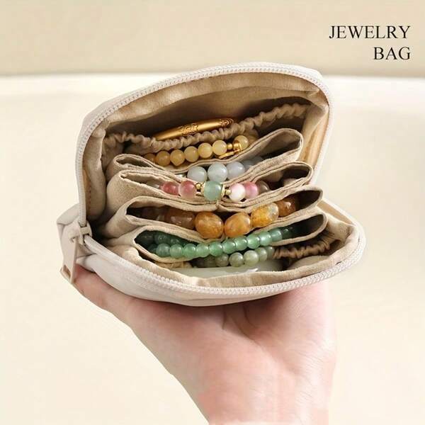 PU Velvet Zipper Portable Jewelry Storage Bag, Travel Business On-The-Go Jewelry Organizer Pouch, Christmas Mother's Day Holiday Gift For Women And