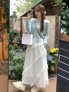 Women's Lace French A-Line Waist Puff Cake Skirt White - White - View 6