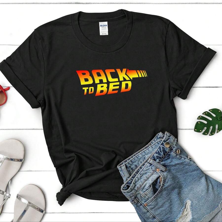 [Universal Tshirt]BACK TO BED Graphic Tee Back To The Future Parody Unisex Crewneck T-Shirt - Black - View 1