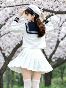 1件裝可愛JK校園制服套裝，附領結，女款水手風校園JK制服，白色長袖上衣搭配白色百褶裙，秋季款 - 白色 - 查看 4