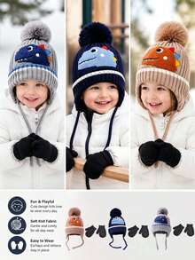 3pcs Hat And Gloves Set, Children's Knitted Woolen Hat, Cartoon Cute, Winter Boys And Girls Baby Hat, Warm Ear Protection, Soft Hand Gloves - Multicolor - View 4