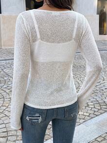Women's Solid Color Round Neck Long Sleeve Casual Pullover Sweater, Autumn - White - View 11