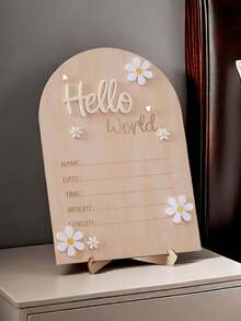 Tablero de anuncio de nacimiento de madera moldeada de una sola pieza, decorado con crisantemo "Hola Mundo", incluye sección de información de nacimiento, pancarta de madera arqueada con nombre del recién nacido, accesorios de fotografía para recién nacidos, decoración de recuerdo para bebé, adecuado como regalo de baby shower, regalo de Pascua para niños y niñas - Multicolor - Ver 9