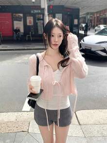 Atasan Cardigan Wanita Model Syal Berkerah V dengan Tali Renda di Depan untuk Awal Musim Gugur, Gaya Lembut Prancis, Warna Pink - Berwarna merah muda - View 3