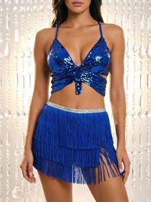 Sequin Crop Top With Multi-Layer Fringe Hip Scarf, Y2K Music Festival Party Waist Skirt 2 Pieces Set (Multiple Colors Available) - Multicolor - View 3