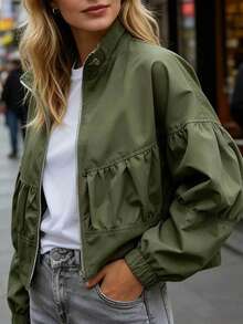 French Casual Commuter Style Ruched Stand Collar Short Jacket, Autumn Long Sleeve Utility Lantern Sleeve Everyday Versatile Casual Zip-Up Jacket For Women - Army Green - View 3