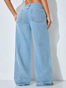 Low Waist Wide Leg Casual Blue Slant Pocket Curved Women Jeans Fall - Mint Blue - View 2