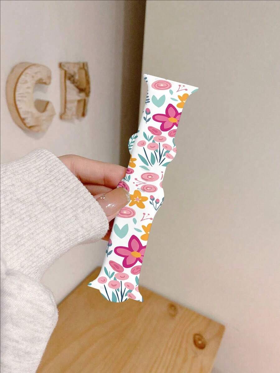 1pc Fashionable Colorful Floral Silicone Watch Band, Compatible With Apple Watch 38/40/41/42/44/45/49mm (S10 42mm) (S10 46mm), Soft Silicone Sports Watch Band Compatible With Apple Watch Ultra 2 S10 11 SE 9 8 7 SE 6 5 4 3 2 1 Series, Suitable For Various Outfits, Daily Wear And Holiday Decoration, For Women - White - View 1