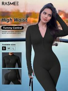 This Women's Jumpsuit Is Made Of Seamless Elastic Fabric With A Front Zipper Design. The High-Waist Cut Contours And Lifts Your Silhouette Black - Black - View 4