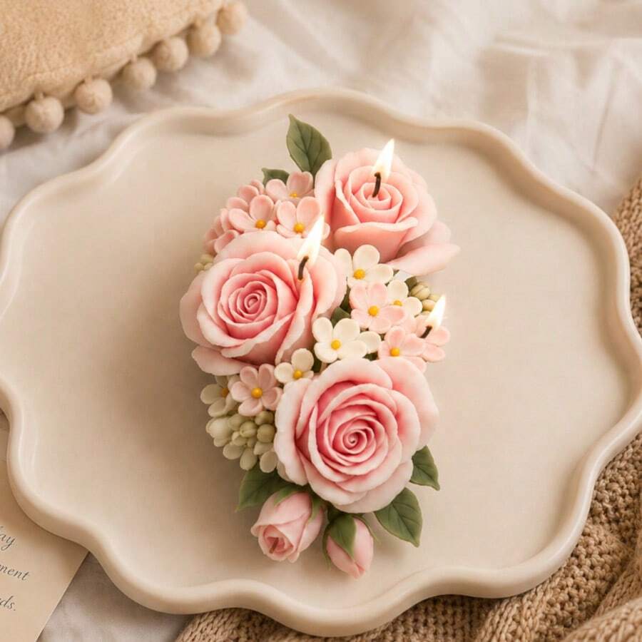 3D Nude-Pink Rosebud Cluster Silicone Candle Mold - Reusable, Easy-To-Demold Floral Mold Suitable For DIY Candles, Handmade Soap Making, And Decor For Weddings, Valentine's Day, And The Home. - A - View 1