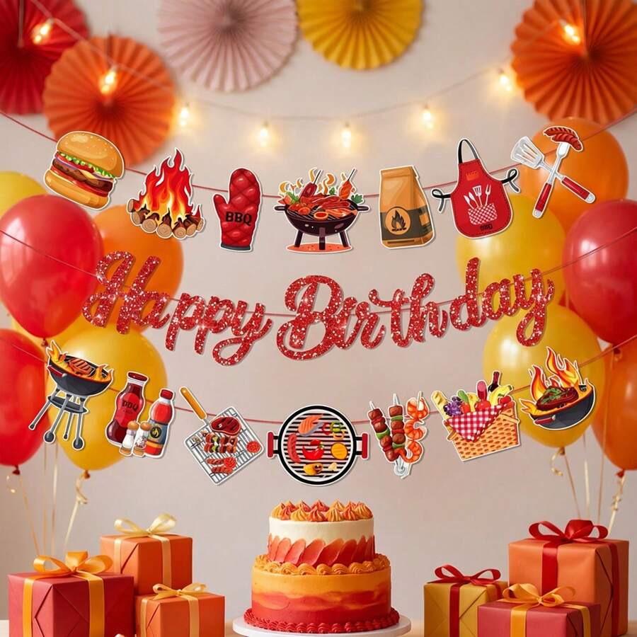 1 Set BBQ Theme Happy Birthday Banner, BBQ Camping Theme, Birthday Wedding Bridal Shower Baptism, Home Classroom Party Supplies Decoration - Multicolor - View 1