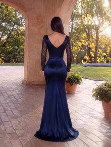 ADYCE Robe de demoiselle d'honneur élégante à col en V, manches longues, taille cintrée, dos nu, fente haute, coupe ajustée avec traîne, robe de bal, robe de soirée formelle pour l'automne - Bleu marine - Voir 2
