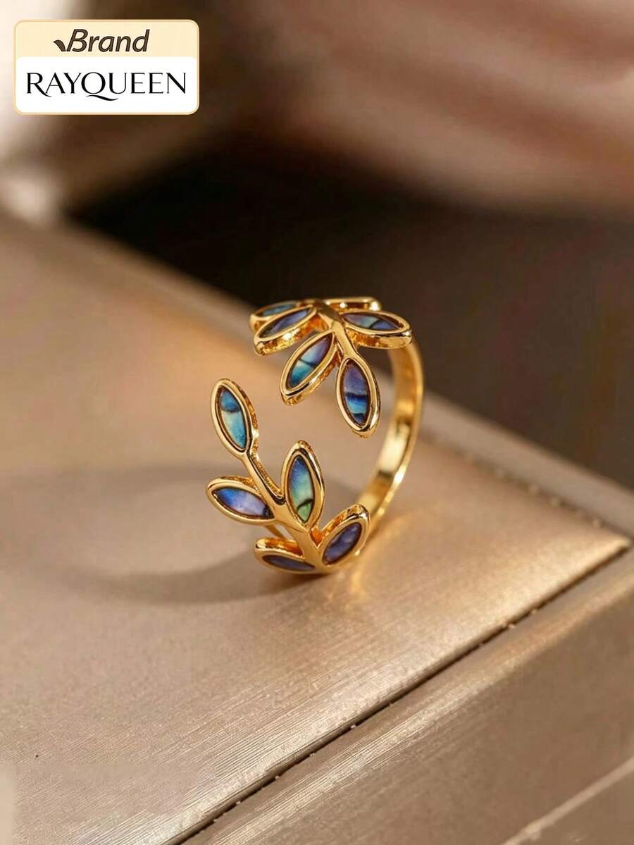 RAYQUEEN 1pc Stainless Steel Colorful Leaf Open Ring For Women, Suitable For Daily Wear - Multicolor - View 1