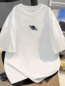Minimal Tech Women's Oversized Cotton Crew Neck Tee, Saturn Star Texture Print Breathable Summer Top.Fast Local Delivery - 白色 - 查看 4