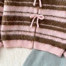 Tween Girls Striped Knit Sweater, Cute Bow Front Long Sleeve Pullover, Soft Comfortable Casual Top, Suitable For Autumn/Winter Campus Wear - Pink - View 4