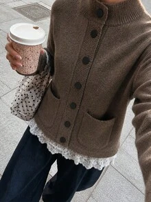 Women's Vintage Brown Knit Cardigan, Stand Collar Front Button Design, Long Sleeve Regular Fit, Suitable For Autumn/Winter - Chocolate Brown - View 4