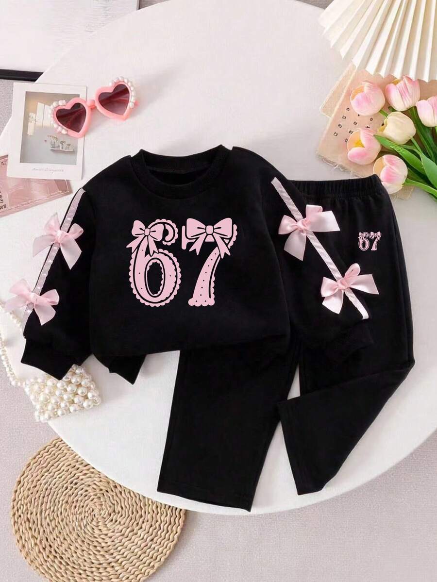 Baby Girl Number Pattern Ribbon Bow Decor Round Neck Long Sleeve Top And Pants - Black - View 1