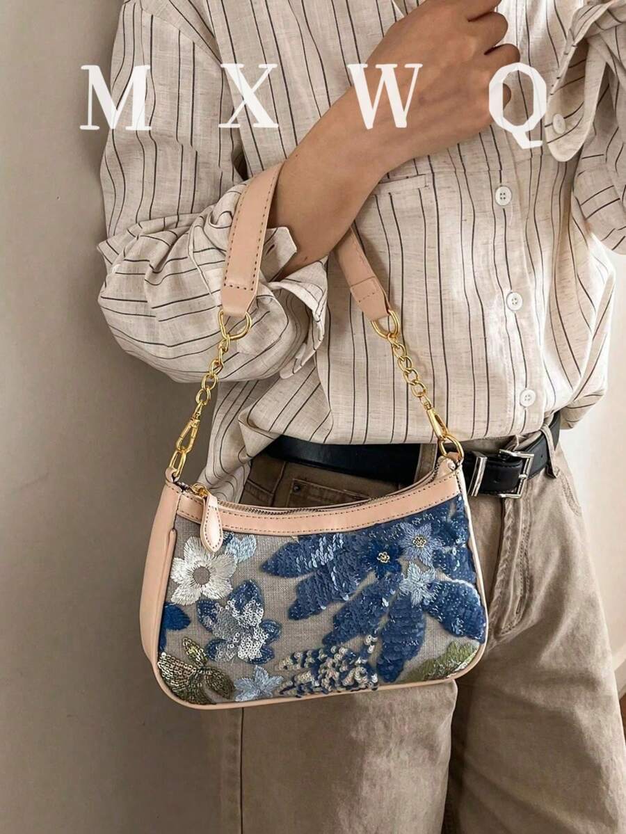 時尚百搭字母圖案PU單肩腋下包，適合購物，可斜背，櫻桃吊飾裝飾
