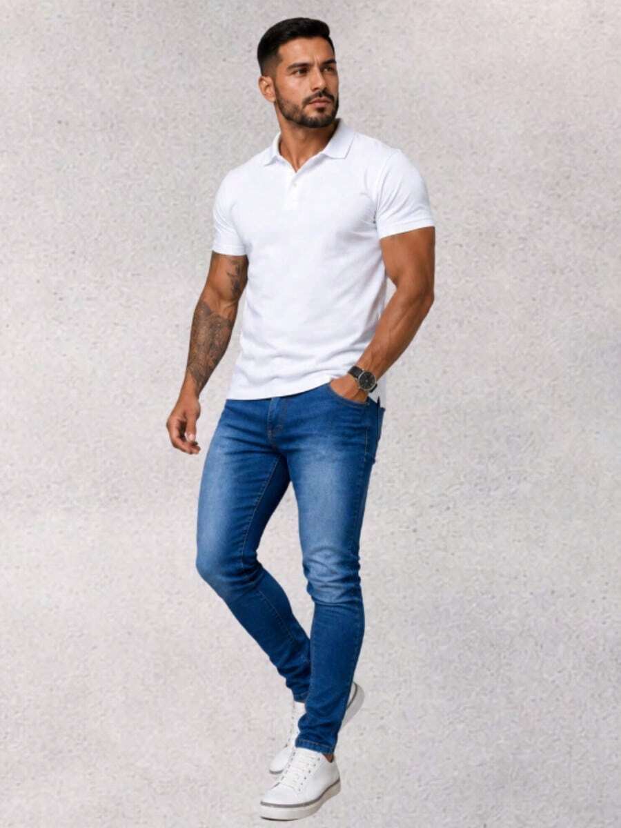 Men's Slim Trousers In Premium Jeans With Lycra Elastane (Choose Your Variation) - Azul lavado medio - Ver 1