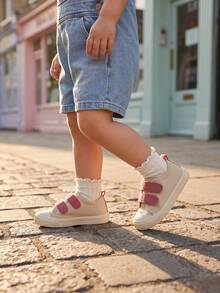 Infant Beige Canvas Casual Shoes, Pink Double Hook & Loop Fastener, Round Toe Flat Sole Versatile Style, Suitable For Daily Outdoor Activities/School Wear - Pink - View 2