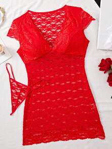 Women's Plus Size Floral Lace Sexy Lingerie Jumpsuit Mesh Nightgown - Red - View 6