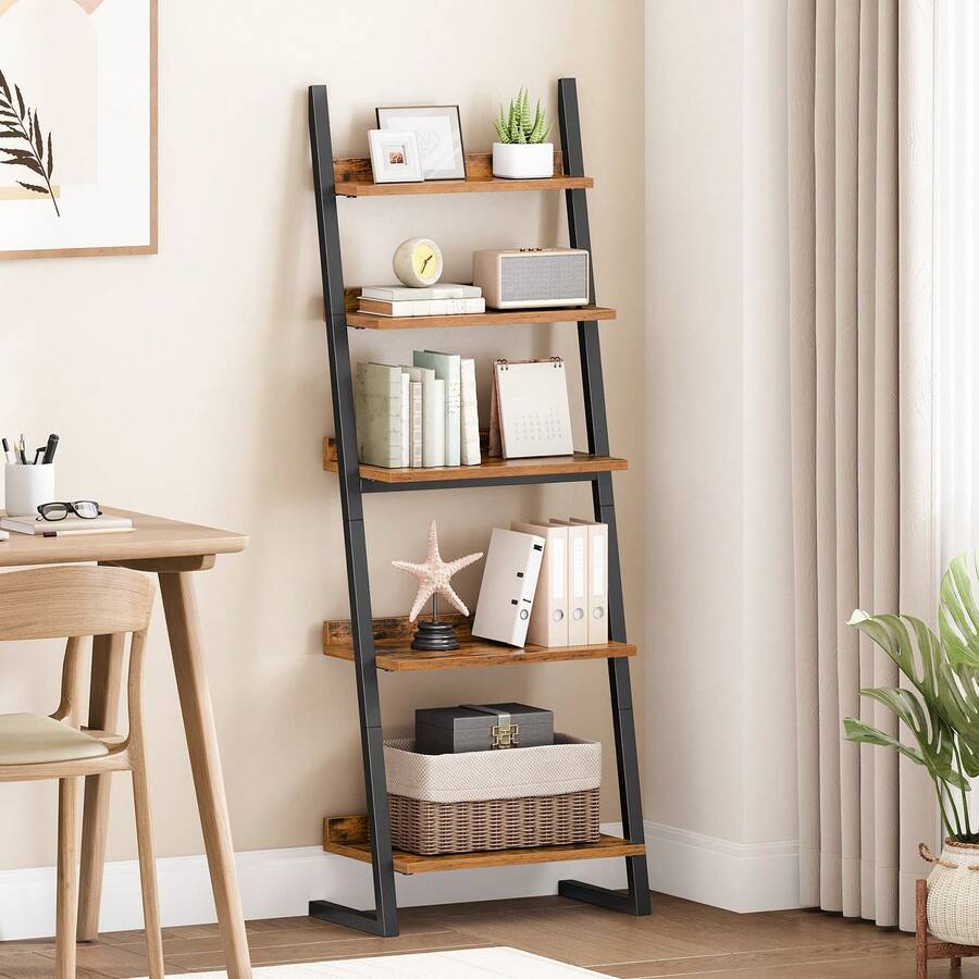 5-Tier Ladder Shelf, Narrow Bookcase, Small Bookshelf, Corner Storage Shelf, Small Display Organizer For Living Room, Study, Balcony, Bedroom, Rustic Brown And Black - Brown - View 1
